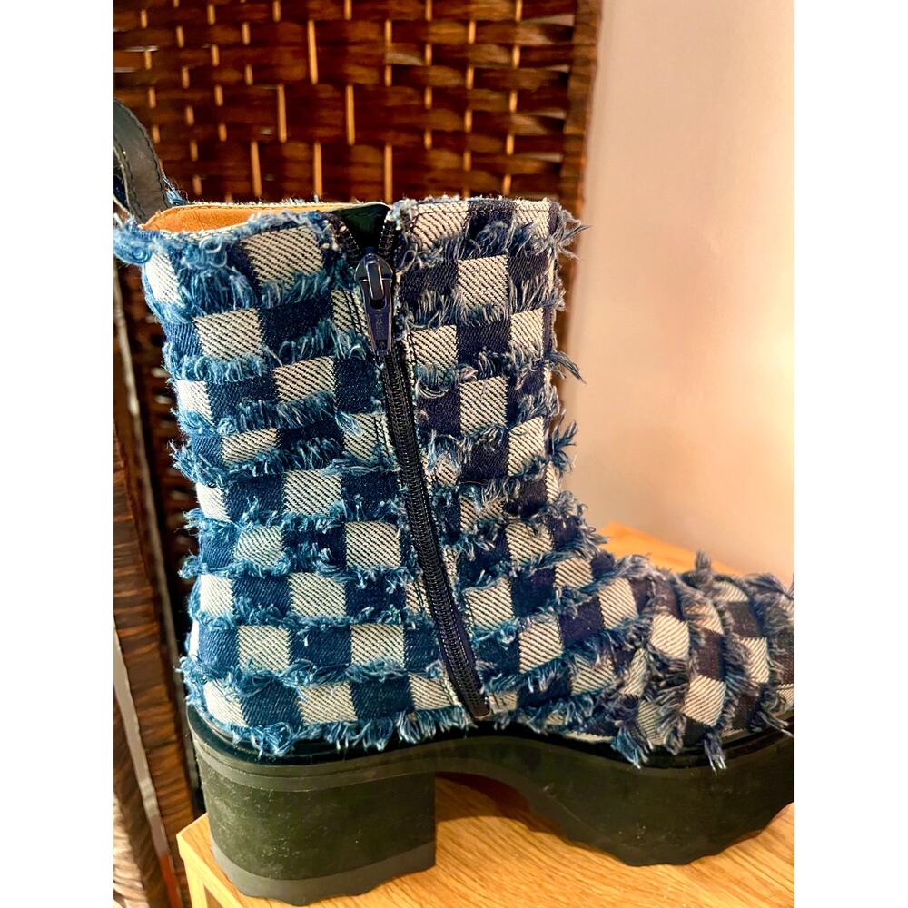 John Fluevog Twirl Denim Checkerboard Patchwork Vegan Platform Boots in Sz W 11 - Picture 2 of 7